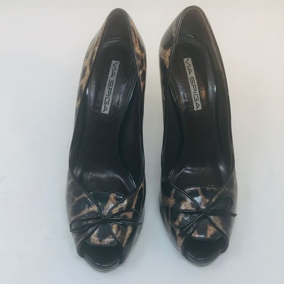 Via Spiga Patent Leopard Print Peep Toe Heel - Picture 1 of 8
